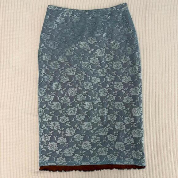 CIDER Dresses & Skirts - NWT CIDER Blue Floral Lace Overlay Midi Lined Skirt Lettuce Hem Size M